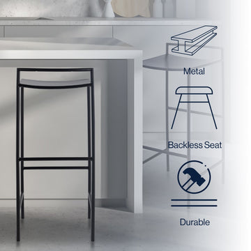 Svelte 30" Coastal Contemporary Iron Saddle-Seat Low-Back Bar Stool with Foot Rest - JONATHAN Y